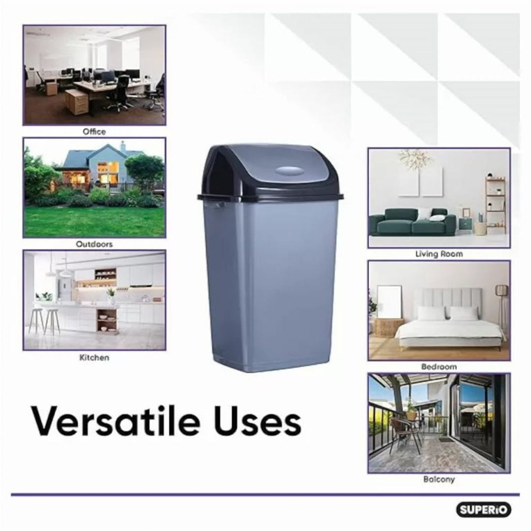 Swing Top Plastic Bin, Two Side Handles, Black and Grey