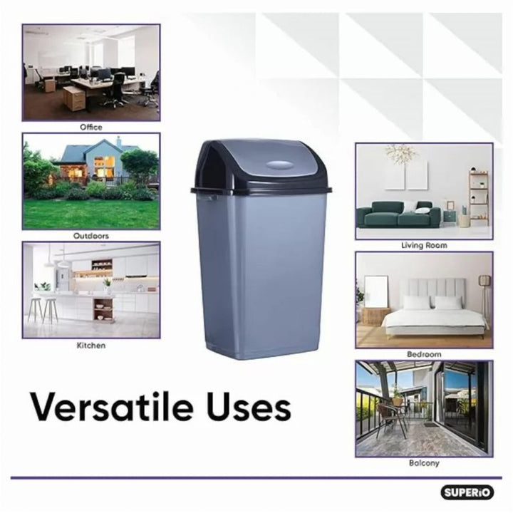 Swing Top Plastic Bin, Two Side Handles, Black and Grey