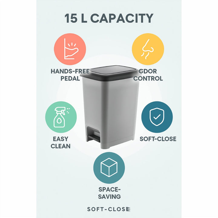 Grey Plastic Pedal Bin, Leakproof for Wet Floors and Balconies