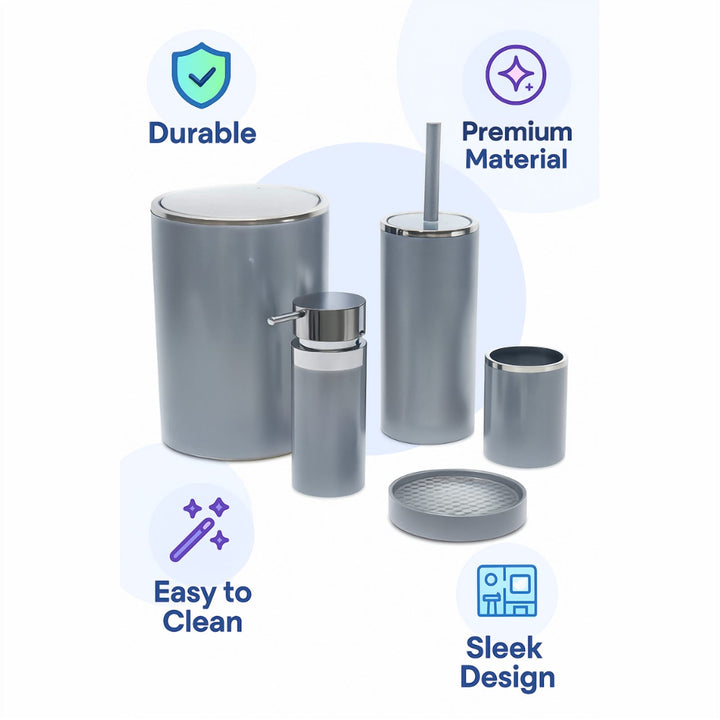 5 Piece Acrylic Bathroom Set: 300 ml Dispenser and Lidded Bin