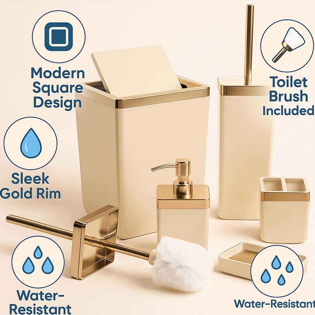 Transparent Acrylic 5 Piece Bathroom Set with Golden Frame Bin