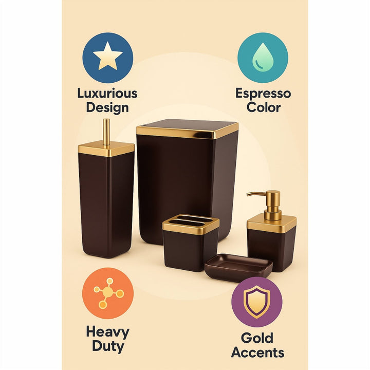 Transparent Acrylic 5 Piece Bathroom Set with Golden Frame Bin