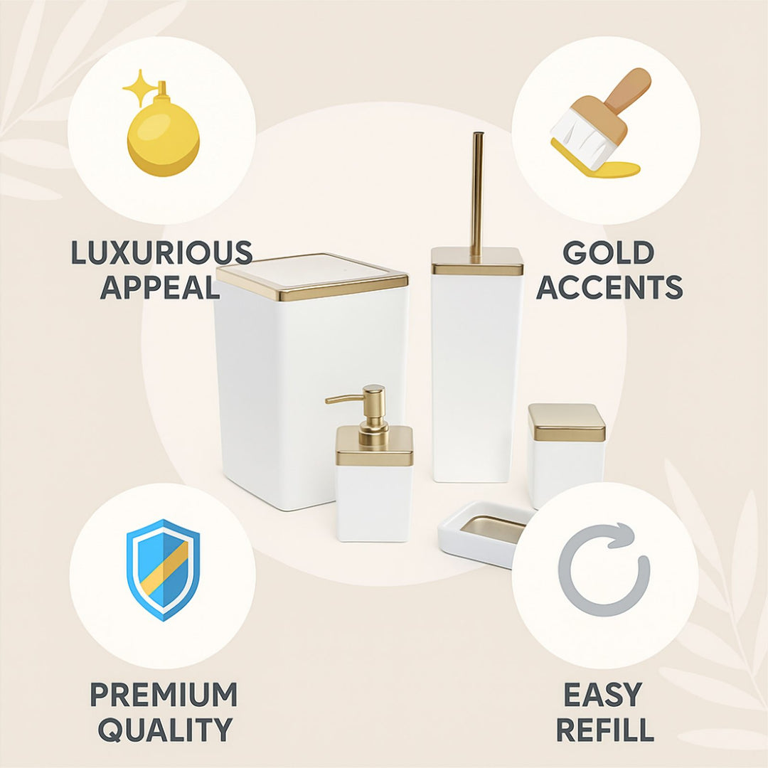 Transparent Acrylic 5 Piece Bathroom Set with Golden Frame Bin