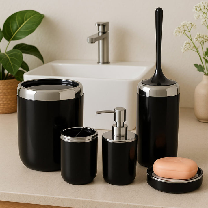 6 L Bin Acrylic 5 Piece Bathroom Set, Black with Silver Ring