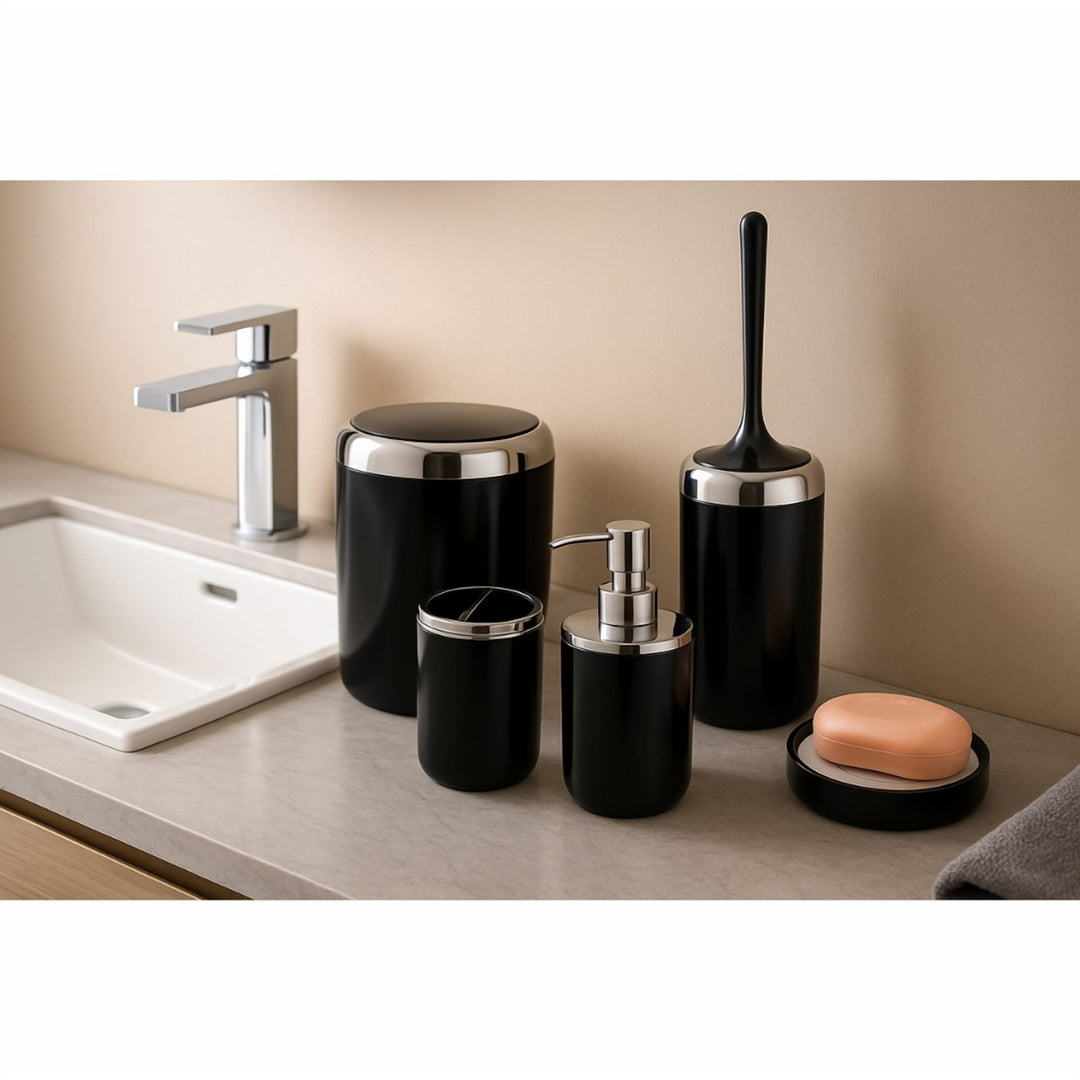 6 L Bin Acrylic 5 Piece Bathroom Set, Black with Silver Ring