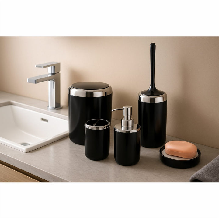 6 L Bin Acrylic 5 Piece Bathroom Set, Black with Silver Ring