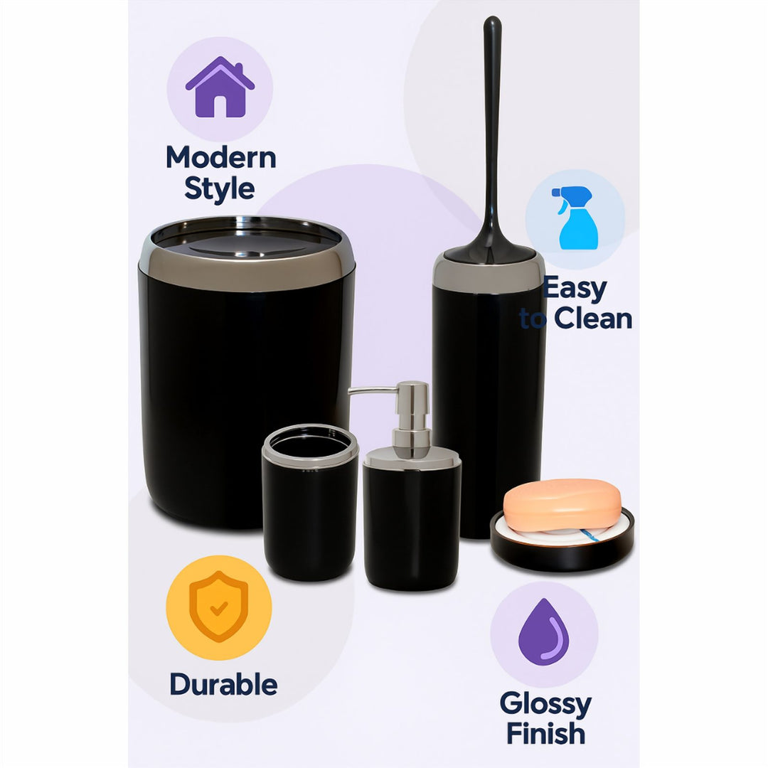 6 L Bin Acrylic 5 Piece Bathroom Set, Black with Silver Ring