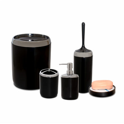 6 L Bin Acrylic 5 Piece Bathroom Set, Black with Silver Ring
