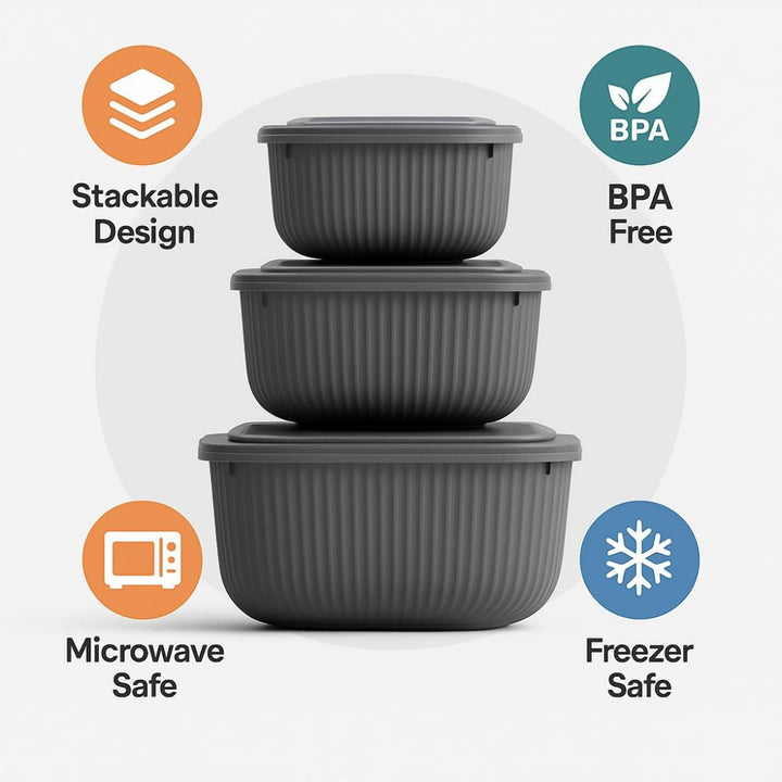 Square Food Container Set of 3, Dishwasher Safe, 600 ml to 1.8 L