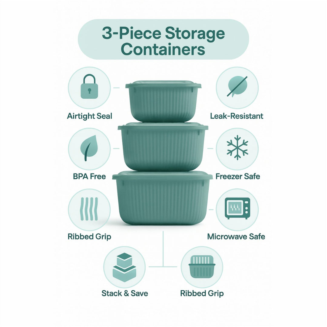 Square Food Container Set of 3, Dishwasher Safe, 600 ml to 1.8 L