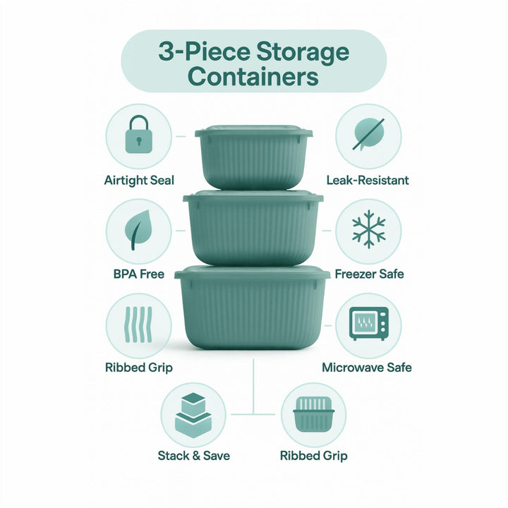 Square Food Container Set of 3, Dishwasher Safe, 600 ml to 1.8 L