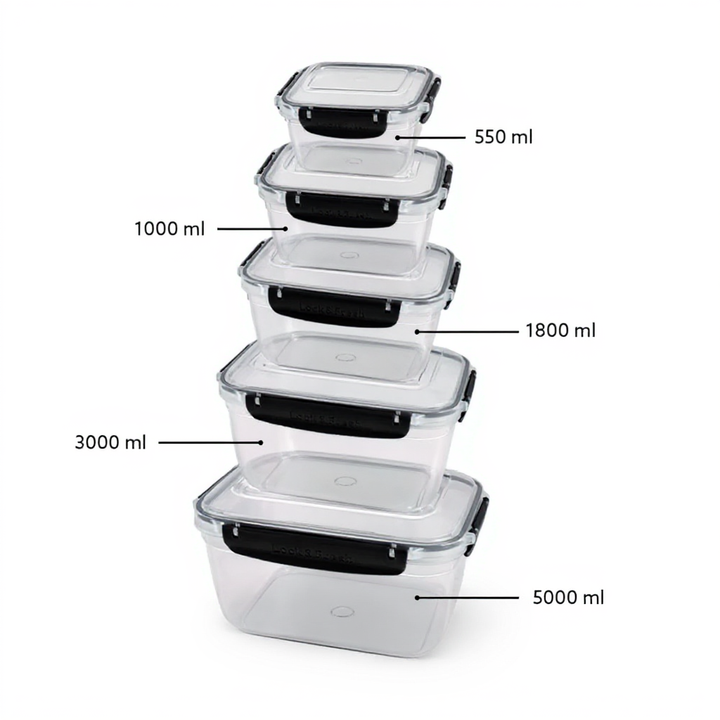 5 Pcs Rectangular Lunch Box Set-(550,1000,1800,3000,5000) ml