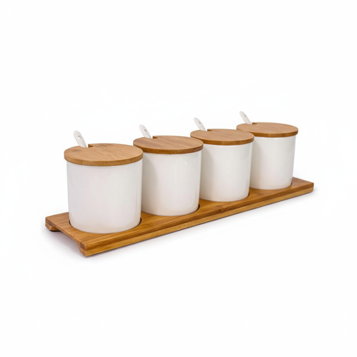 Spices set with spoons and natural wood stand