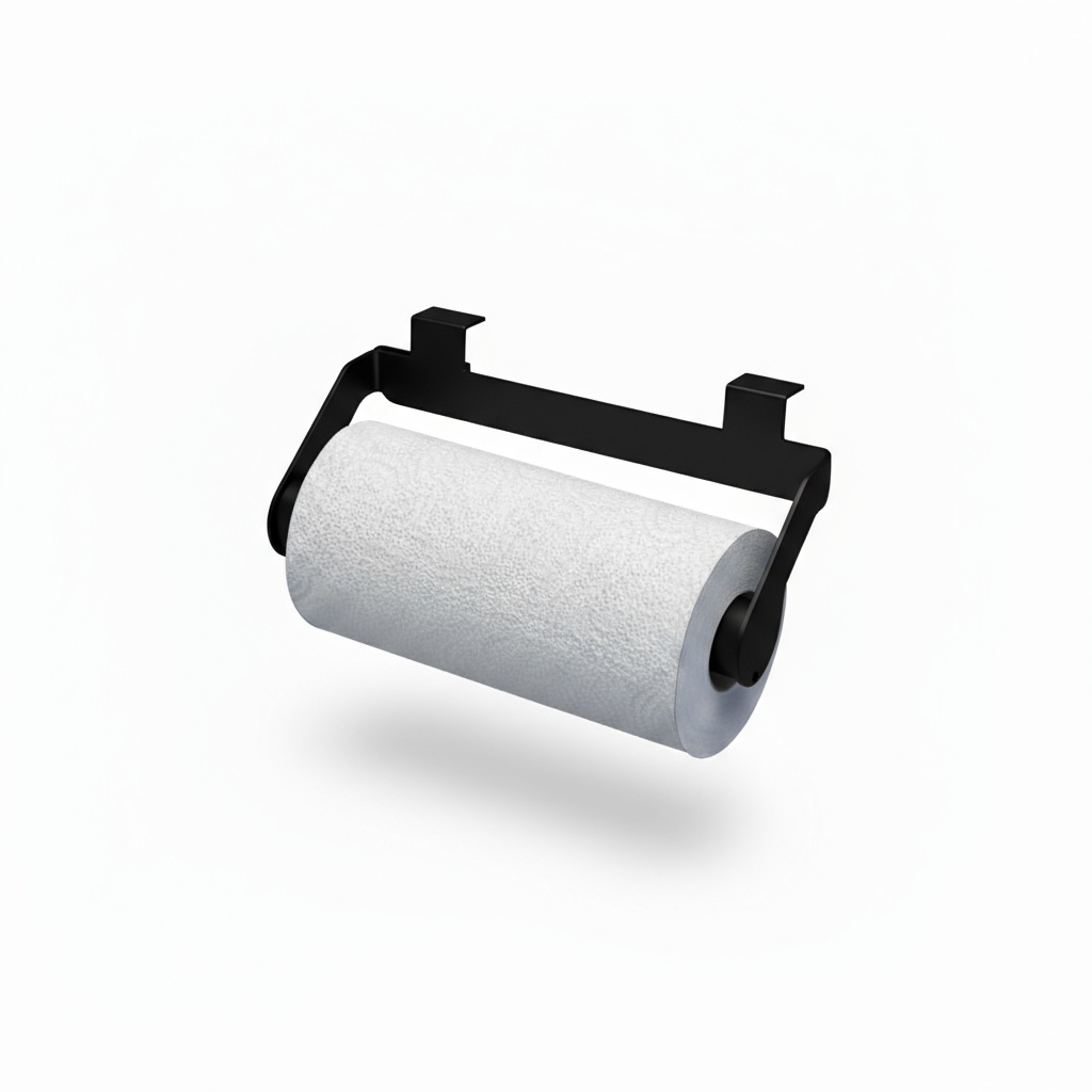 Black paper towel holder with a roll of white paper towels on a white background
