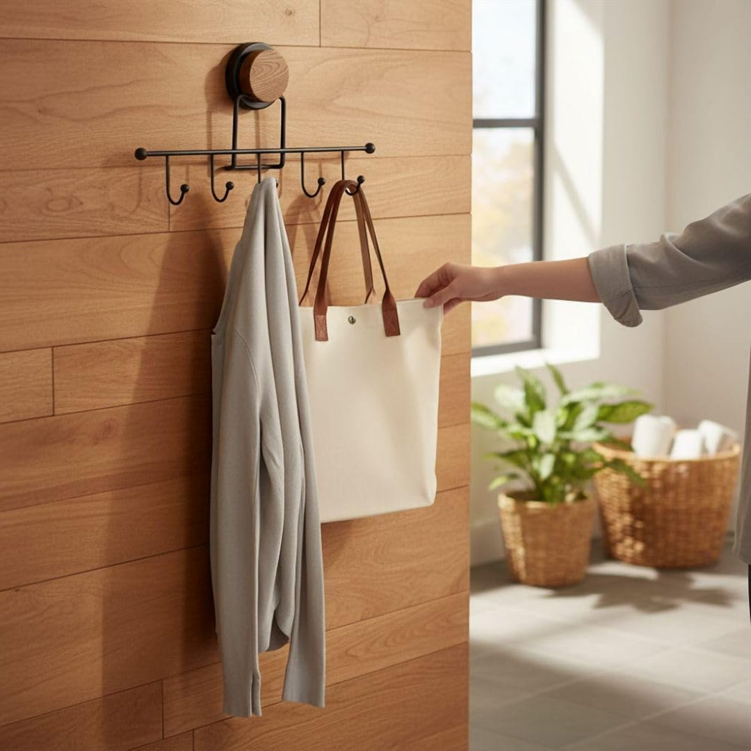 No Drill Adhesive Wall Hook Rack, 5 Hooks, 31.5 cm, Black