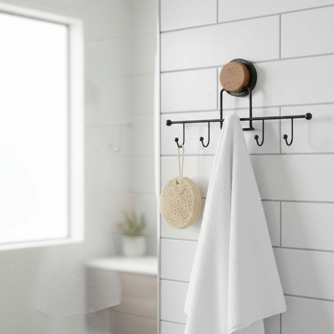 No Drill Adhesive Wall Hook Rack, 5 Hooks, 31.5 cm, Black
