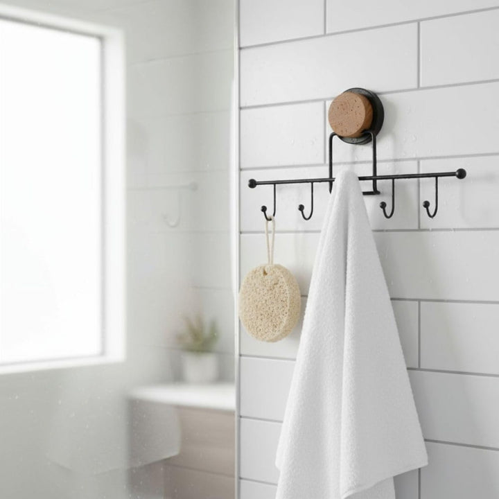 No Drill Adhesive Wall Hook Rack, 5 Hooks, 31.5 cm, Black