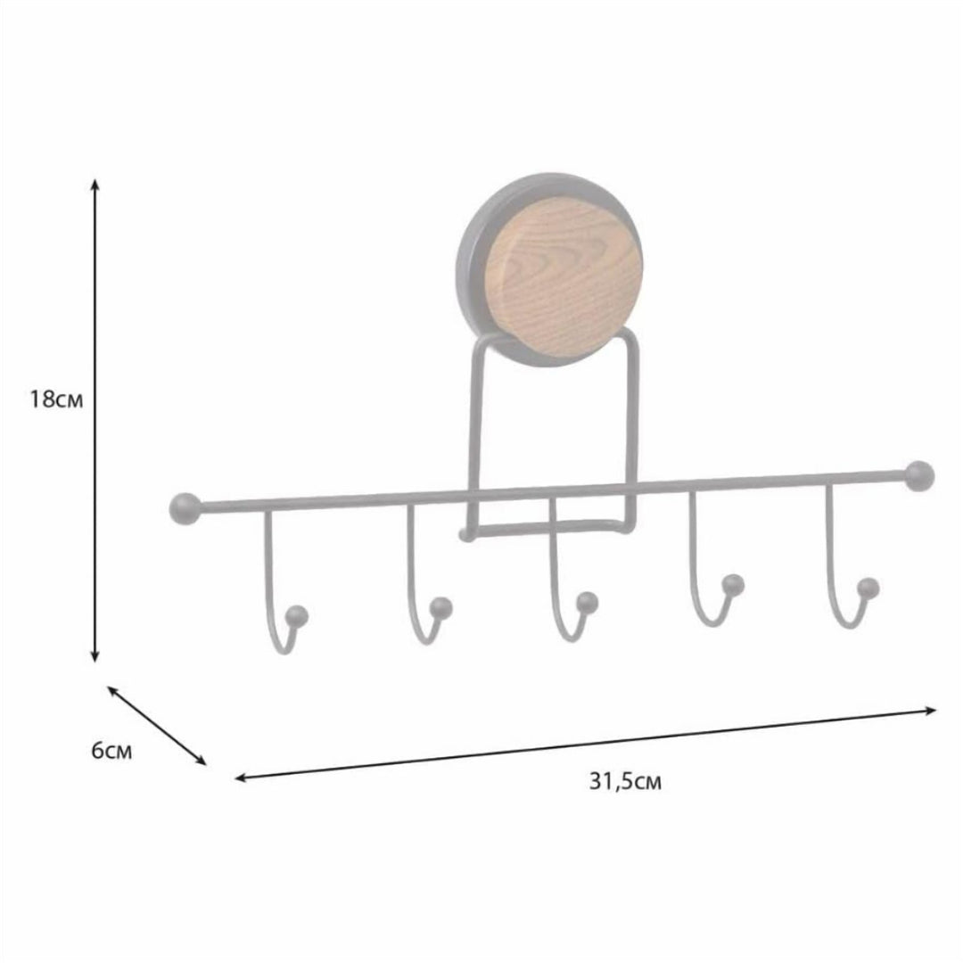 No Drill Adhesive Wall Hook Rack, 5 Hooks, 31.5 cm, Black