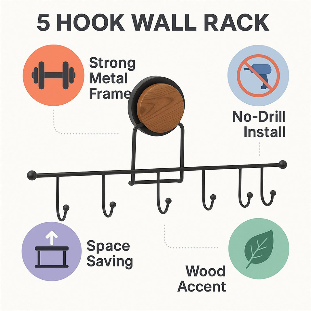 No Drill Adhesive Wall Hook Rack, 5 Hooks, 31.5 cm, Black