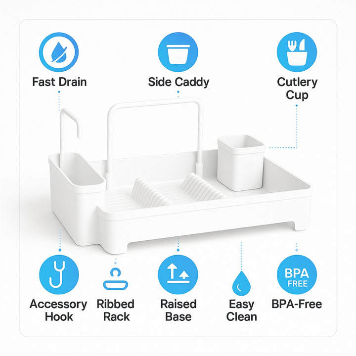 Plastic Dish Drainer with Adjustable Drain Spout, Holds 10 Plates