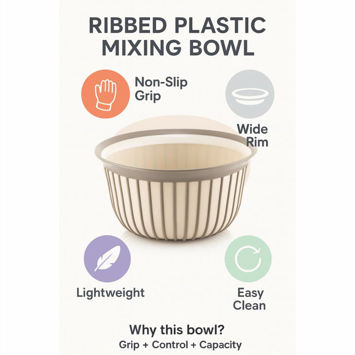 Beige Ribbed Plastic Mixing Bowl 1 L and 3 L with Non-Slip Grip