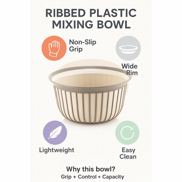 Beige Ribbed Plastic Mixing Bowl 1 L and 3 L with Non-Slip Grip