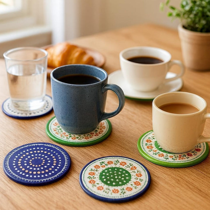 Round Porcelain Coaster Set of 4 with Anti-Slip Base for Hot Drinks