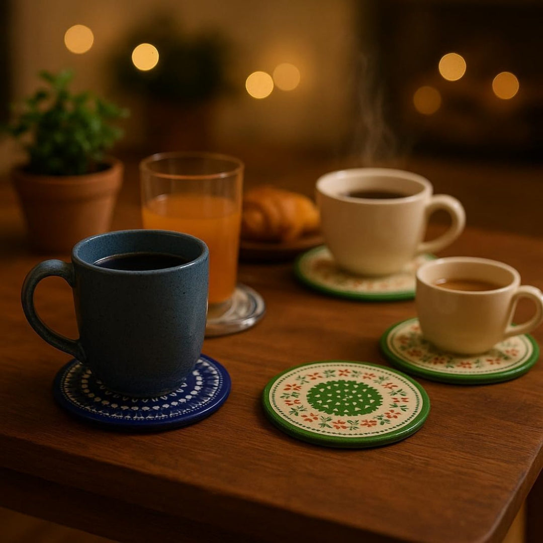 Round Porcelain Coaster Set of 4 with Anti-Slip Base for Hot Drinks