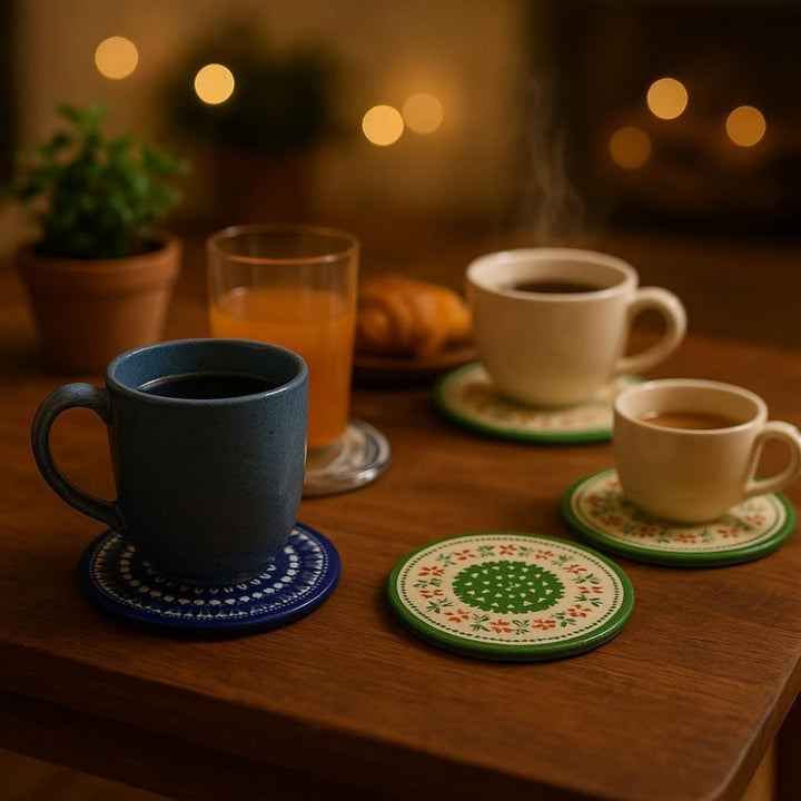 Round Porcelain Coaster Set of 4 with Anti-Slip Base for Hot Drinks