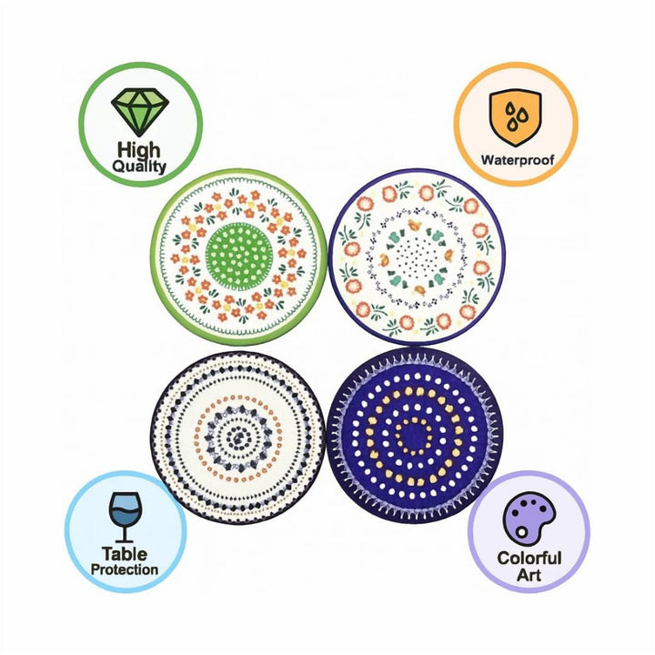 Round Porcelain Coaster Set of 4 with Anti-Slip Base for Hot Drinks
