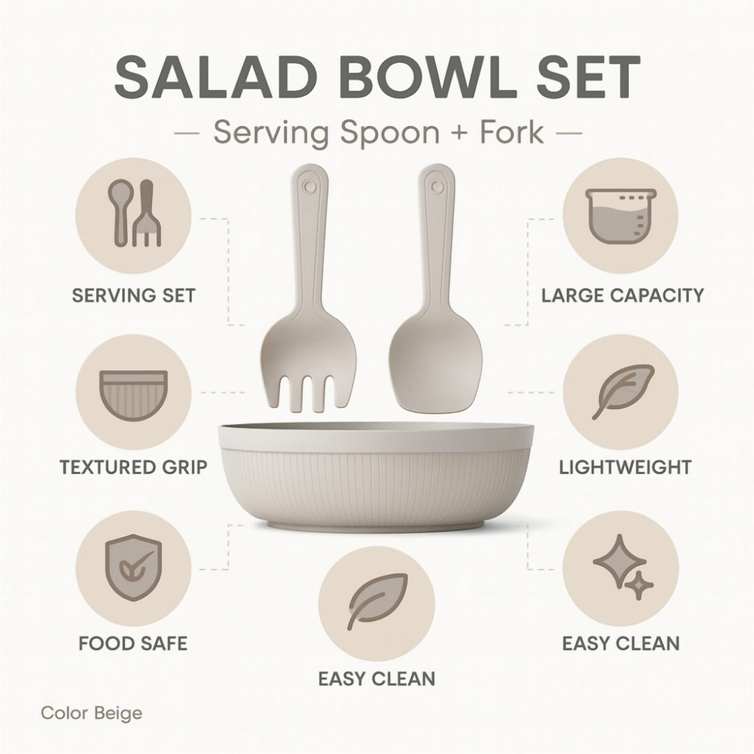 4 L Salad Bowl with Serving Spoon and Fork, Dishwasher Safe