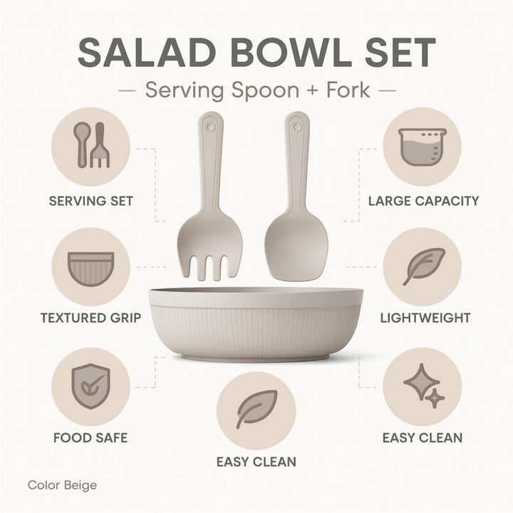 4 L Salad Bowl with Serving Spoon and Fork, Dishwasher Safe