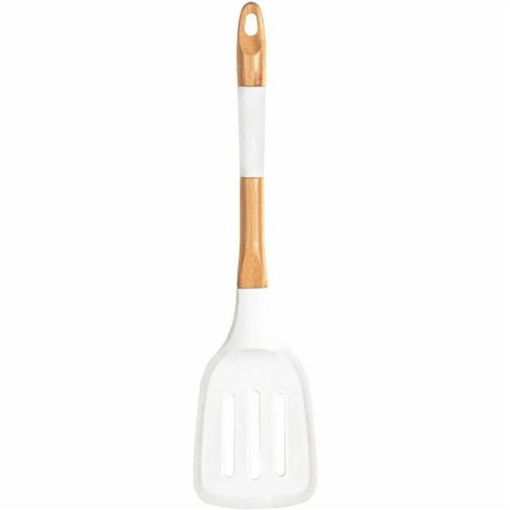 Slotted Silicone Serving Spoon with Wooden Handle for Draining