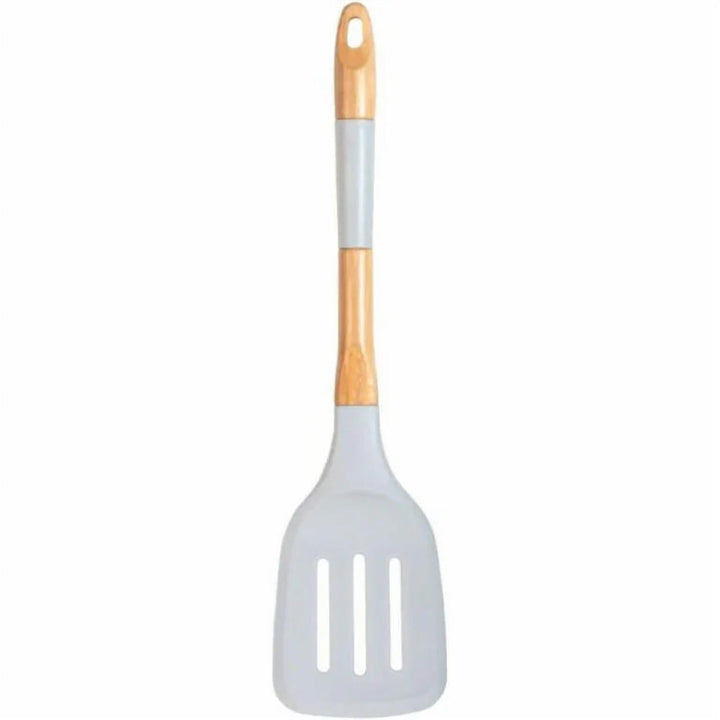 Slotted Silicone Serving Spoon with Wooden Handle for Draining