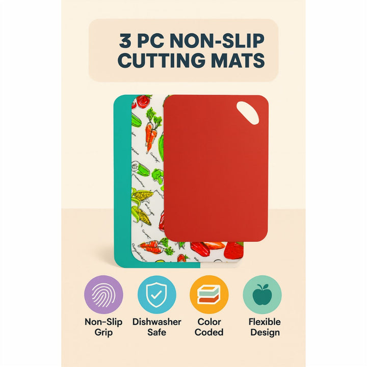 BPA Free Silicone Cutting Board Set of 3, Non Slip Rolling Mats