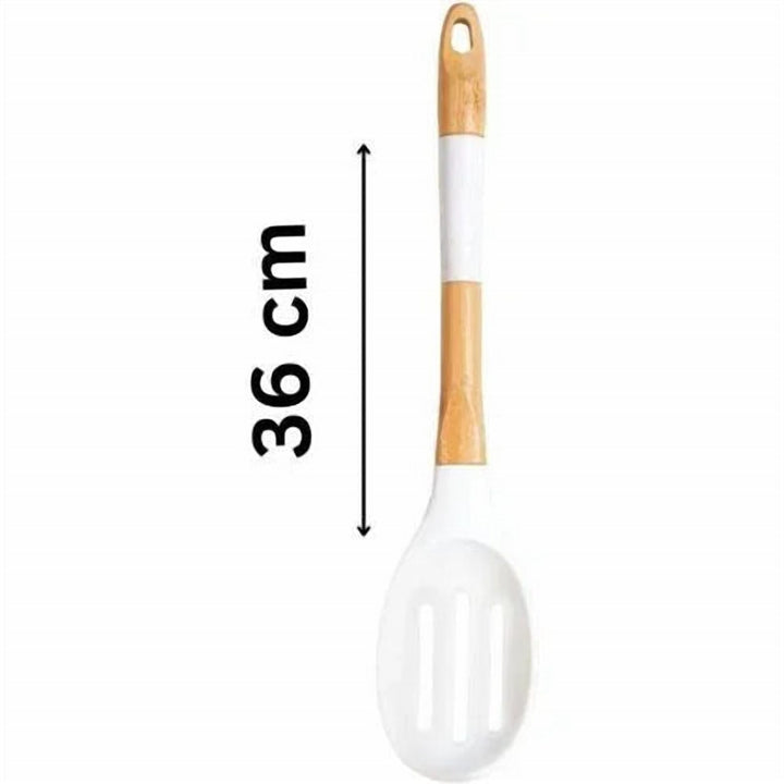 Cut Out Serving Spoon 36 cm, Silicone Head, Wood Handle