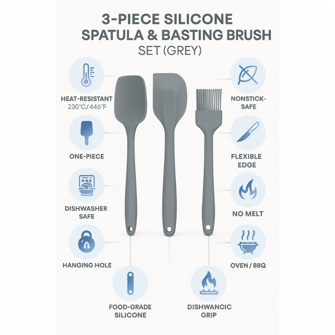 3-Piece Silicone Utensil Set, BPA Free and Heat Safe to 230°C