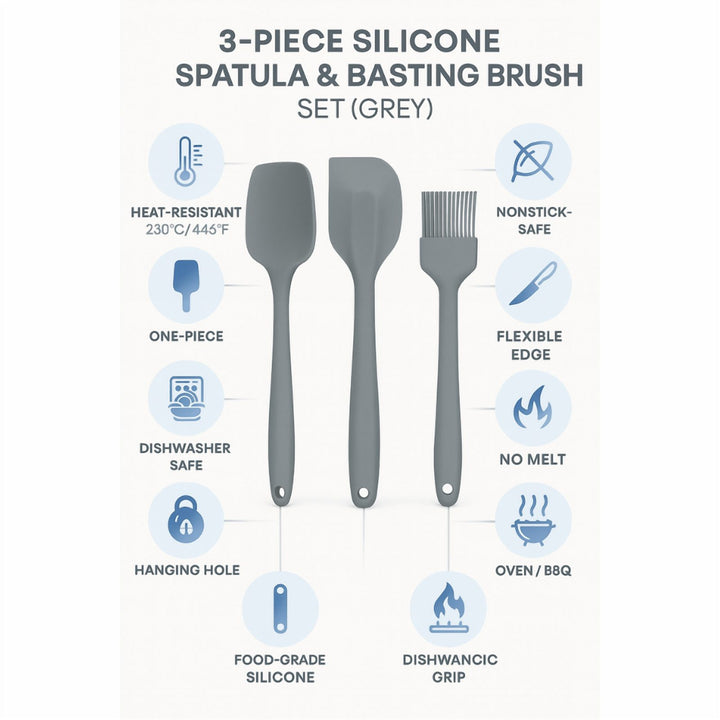 3-Piece Silicone Utensil Set, BPA Free and Heat Safe to 230°C