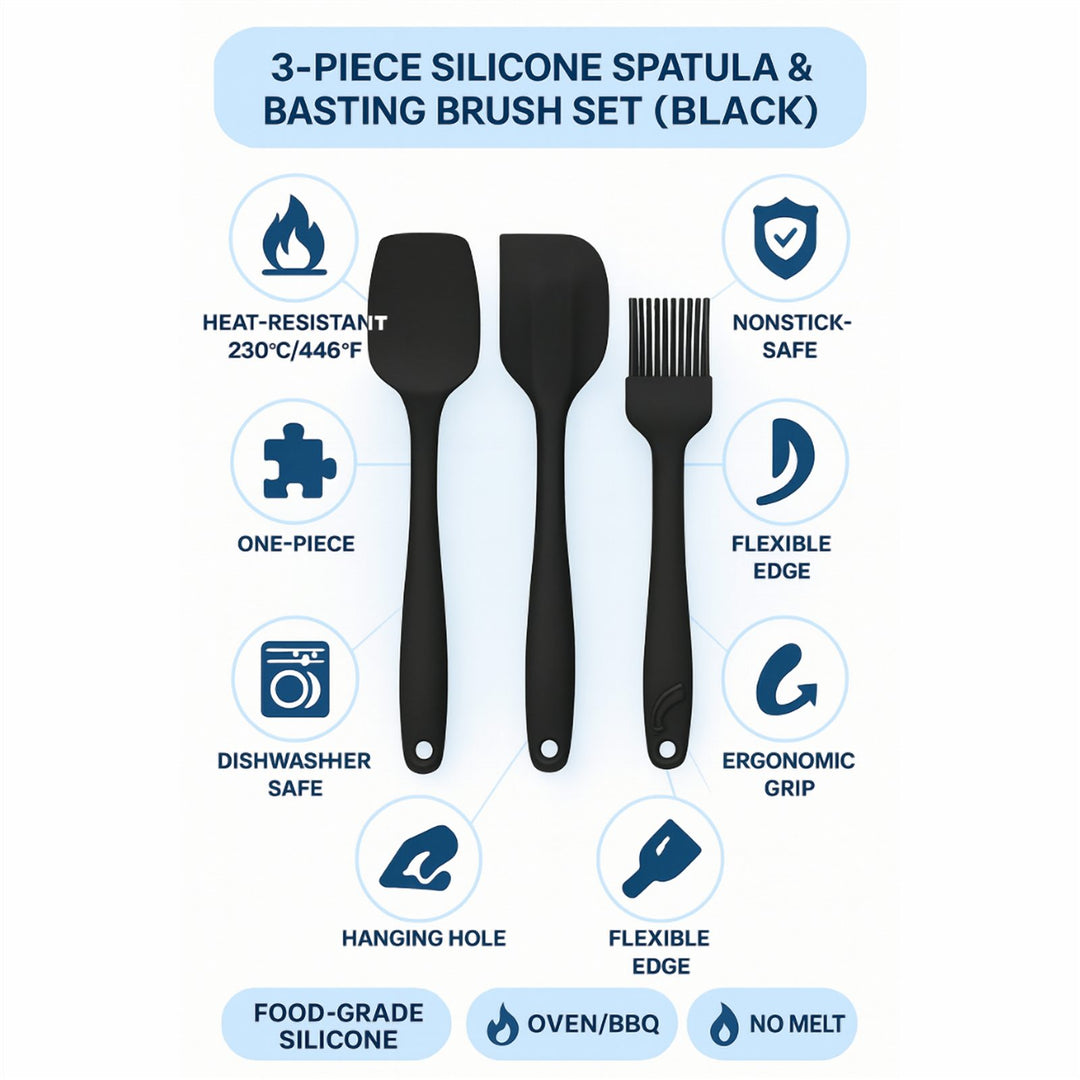3-Piece Silicone Utensil Set, BPA Free and Heat Safe to 230°C