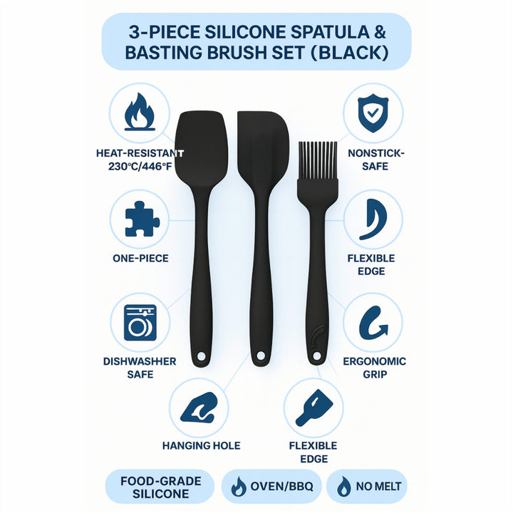 3-Piece Silicone Utensil Set, BPA Free and Heat Safe to 230°C