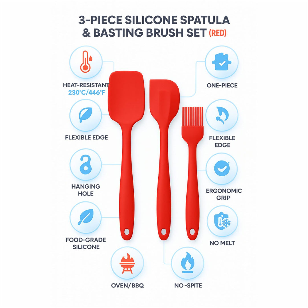 3-Piece Silicone Utensil Set, BPA Free and Heat Safe to 230°C