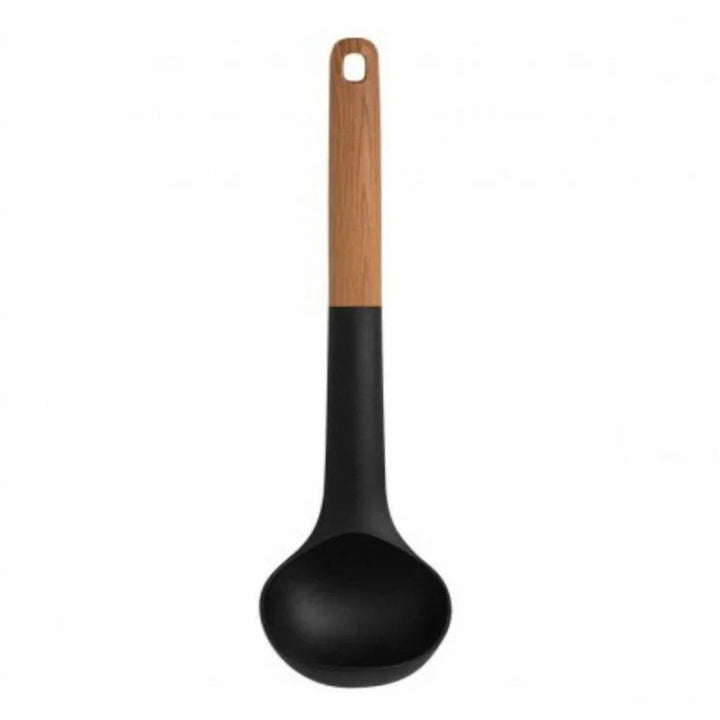 Pink Silicone Soup Ladle with Wood-Framed Heat-Resistant Handle