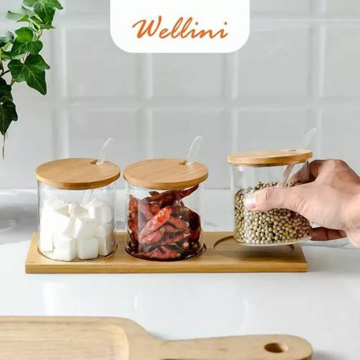 Spice Jar Set with Bamboo Lids, Spoons and a Wooden Tray