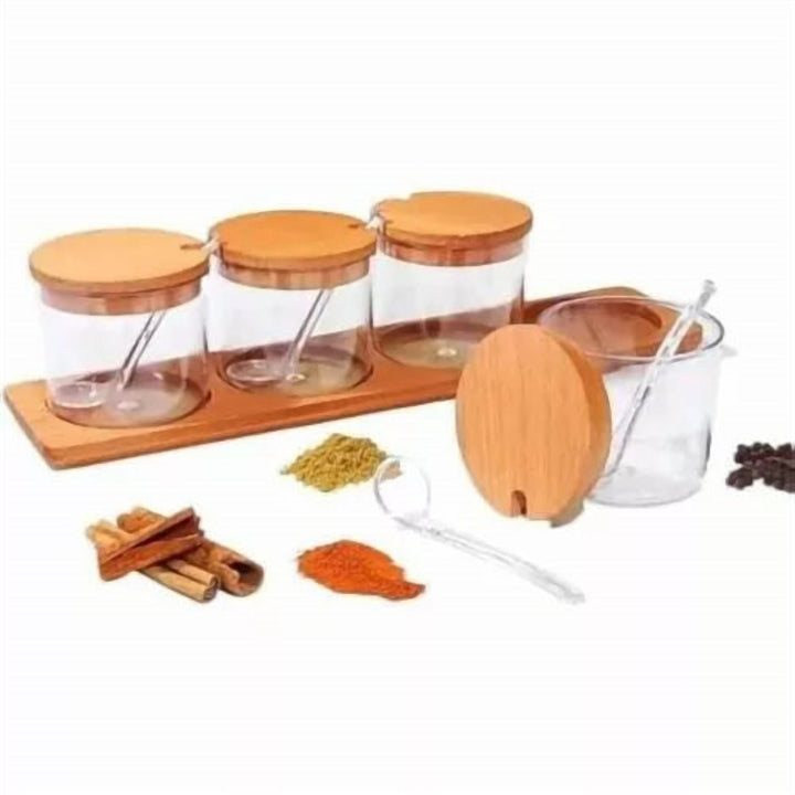 Spice Jar Set with Bamboo Lids, Spoons and a Wooden Tray