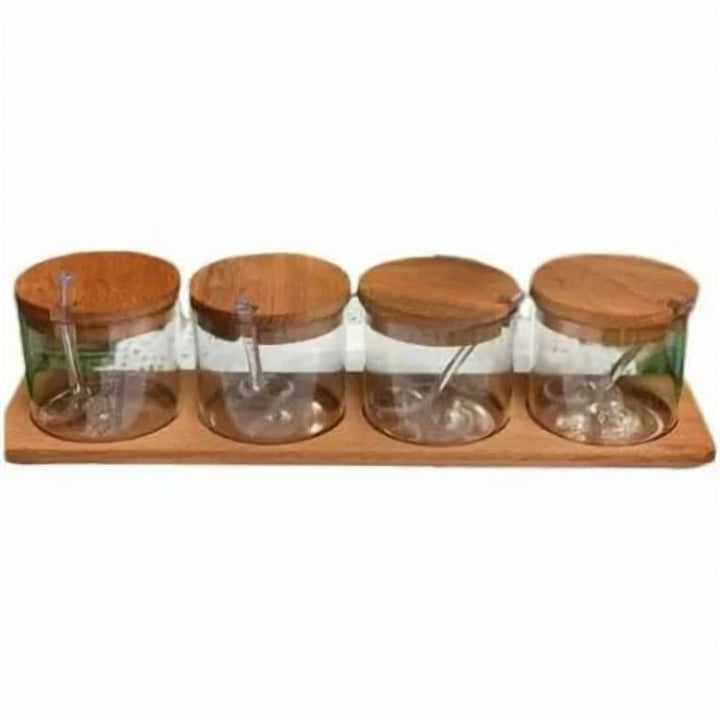 Spice Jar Set with Bamboo Lids, Spoons and a Wooden Tray
