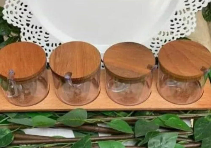 Spice Jar Set with Bamboo Lids, Spoons and a Wooden Tray