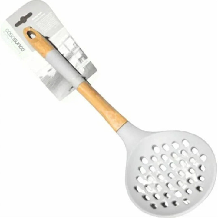 Silicone Skimmer Spoon with Wooden Handle for Non Stick Pans