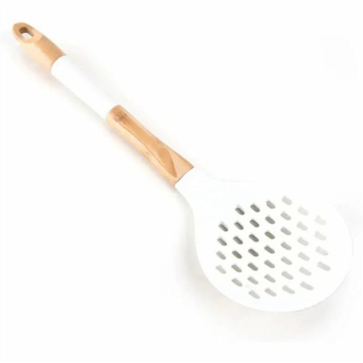 Silicone Skimmer Spoon with Wooden Handle for Non Stick Pans